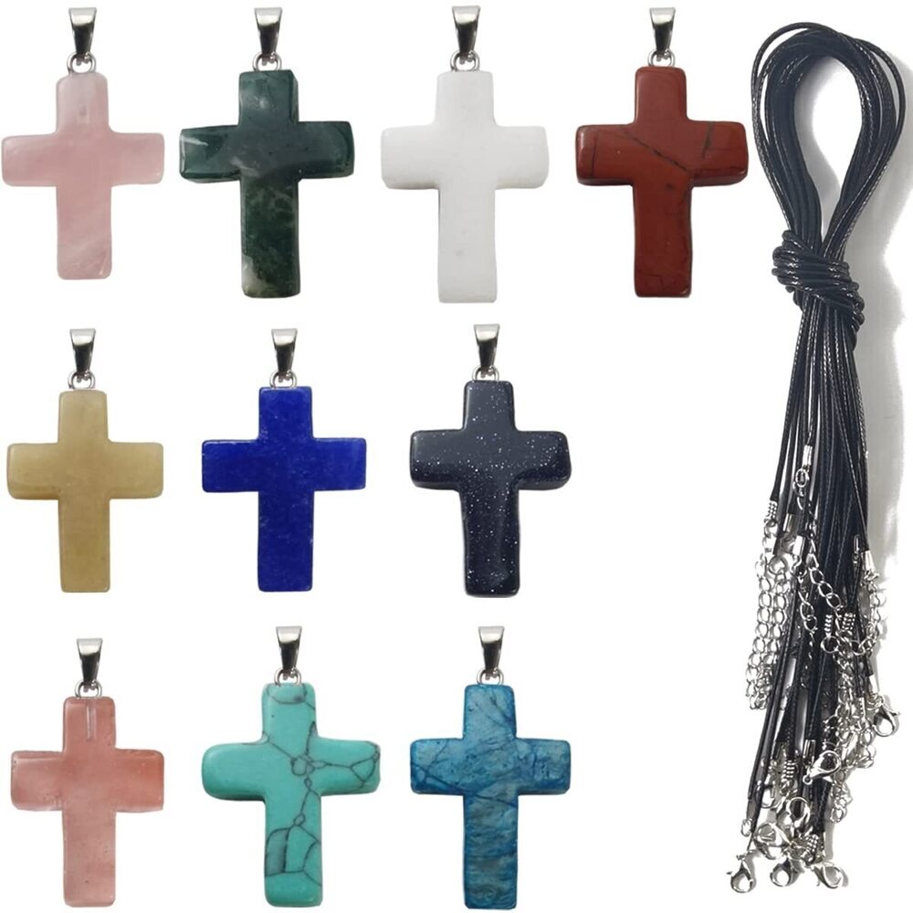 2115 20PCS/Set Cross Shape Stone Pendants with Leather Chain Chakra Beads